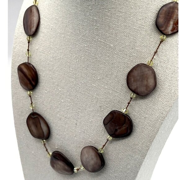 Handcrafted Brown Shell Bead Necklace With Yellow Crystal Accents - Picture 2 of 6